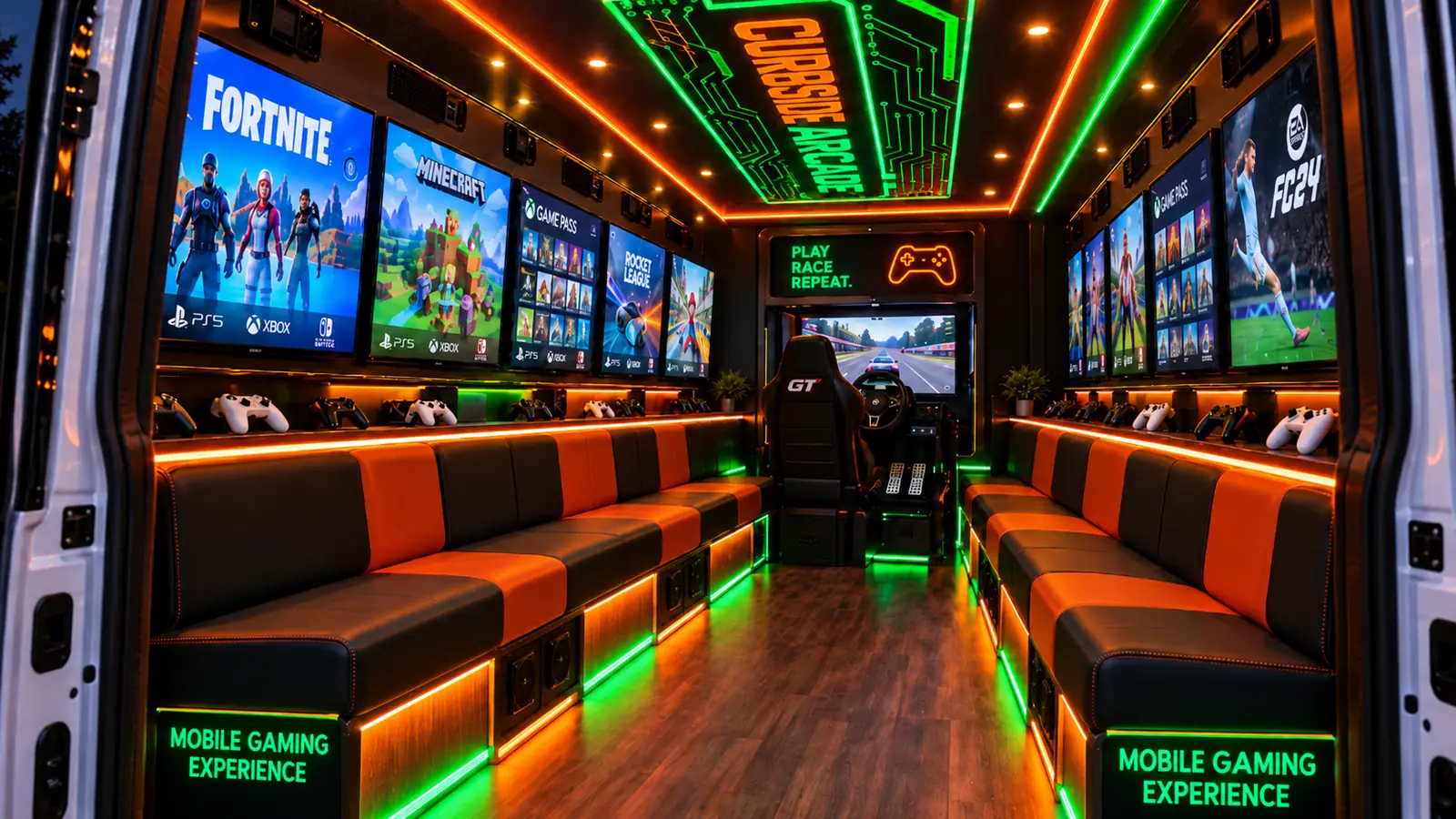 CurbSide Arcade inside gaming lounge with screens, bench seating and racing simulator